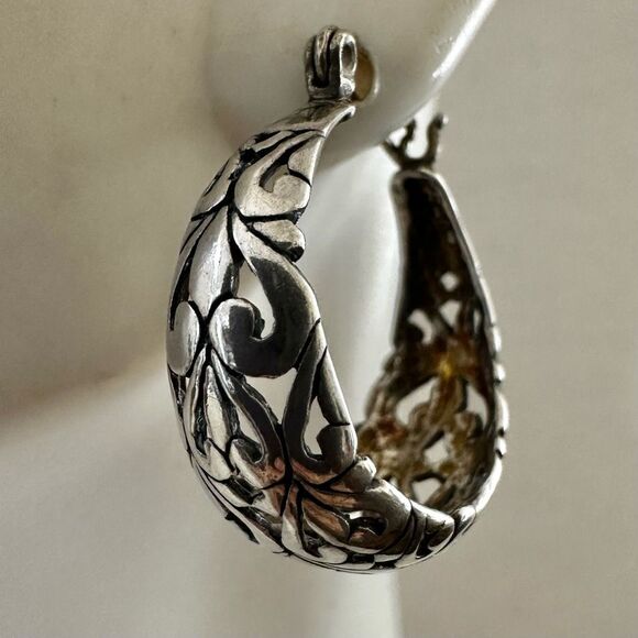 Vintage Sterling Silver Ornate Scroll Hoop Earrings - Picture 4 of 7